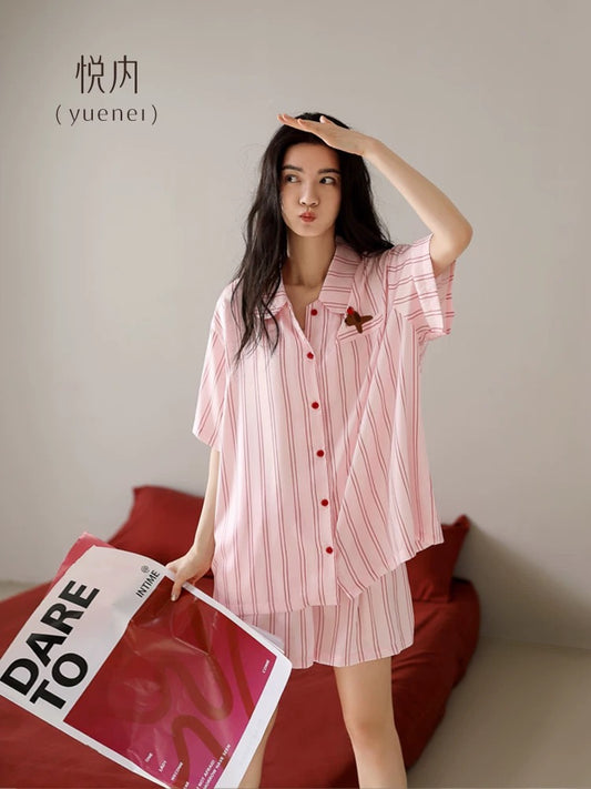 Yue Nei Women's Summer Pajamas, Ice Silk Short-Sleeved Shorts, Loungewear, Fashionable Cardigan Striped Pink Set