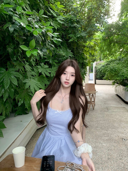 Ruoyu Customized Jiaojiao Girlfriend Blue and White Striped Large U-neck Lace Edge Suspender Dress Pure Temperament Square Neck