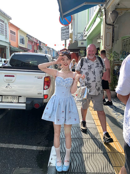 Acaine blue striped mid-length waist suspender a-line dress female spring French sweet style girl skirt