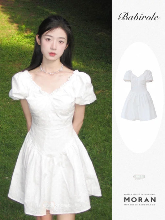 French Tea Break White V-neck Puff Sleeve Fishbone Waist Dress Summer First Love Puffy Princess Fairy Skirt