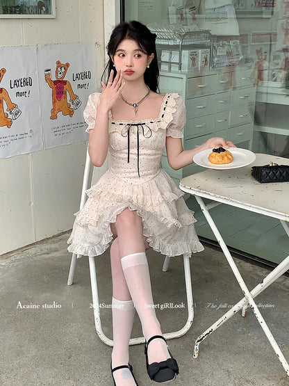 Acaine medium-length square-neck puff sleeve polka dot small cake dress female summer French retro temperament skirt
