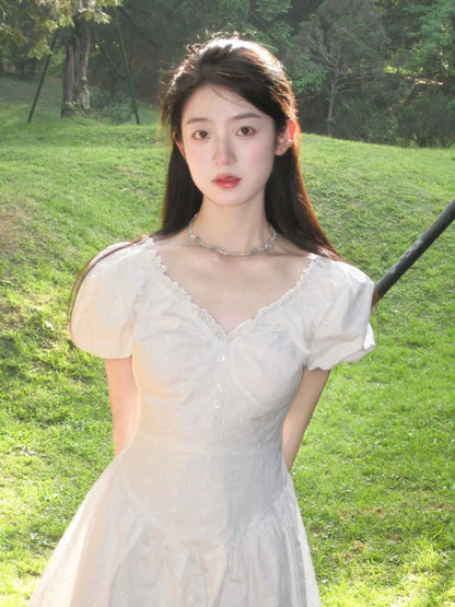 French Tea Break White V-neck Puff Sleeve Fishbone Waist Dress Summer First Love Puffy Princess Fairy Skirt