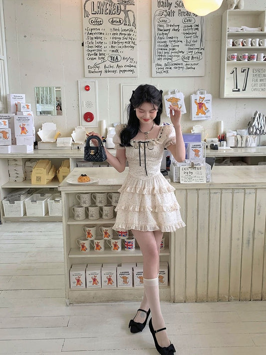 Acaine medium-length square-neck puff sleeve polka dot small cake dress female summer French retro temperament skirt