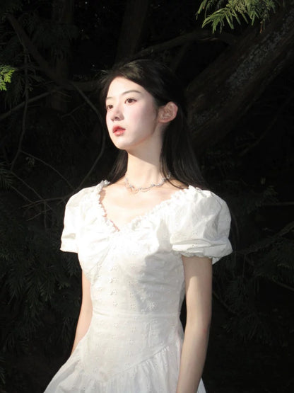 French Tea Break White V-neck Puff Sleeve Fishbone Waist Dress Summer First Love Puffy Princess Fairy Skirt