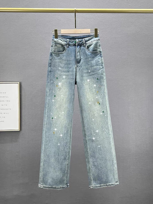 Denim straight trousers for women 2024 new spring and summer high-waisted loose slimming versatile hot diamond narrow version floor-length trousers