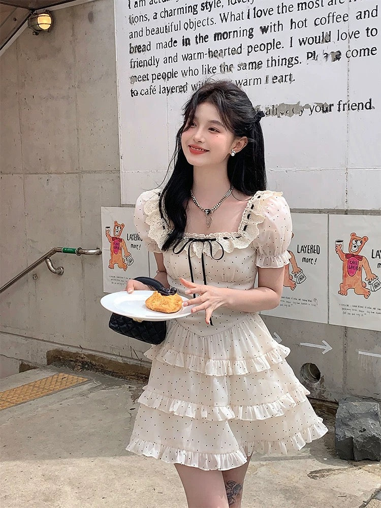 Acaine medium-length square-neck puff sleeve polka dot small cake dress female summer French retro temperament skirt