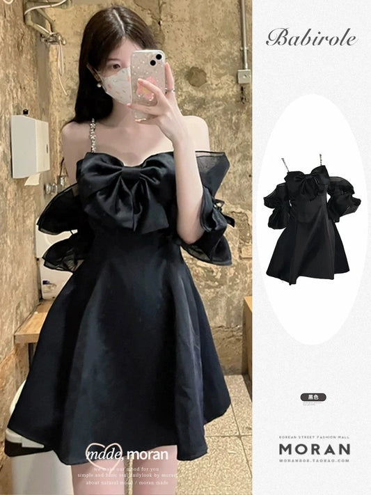 French sweet and spicy pure lust style suspender dress with bow, high-end off-shoulder little black dress for summer