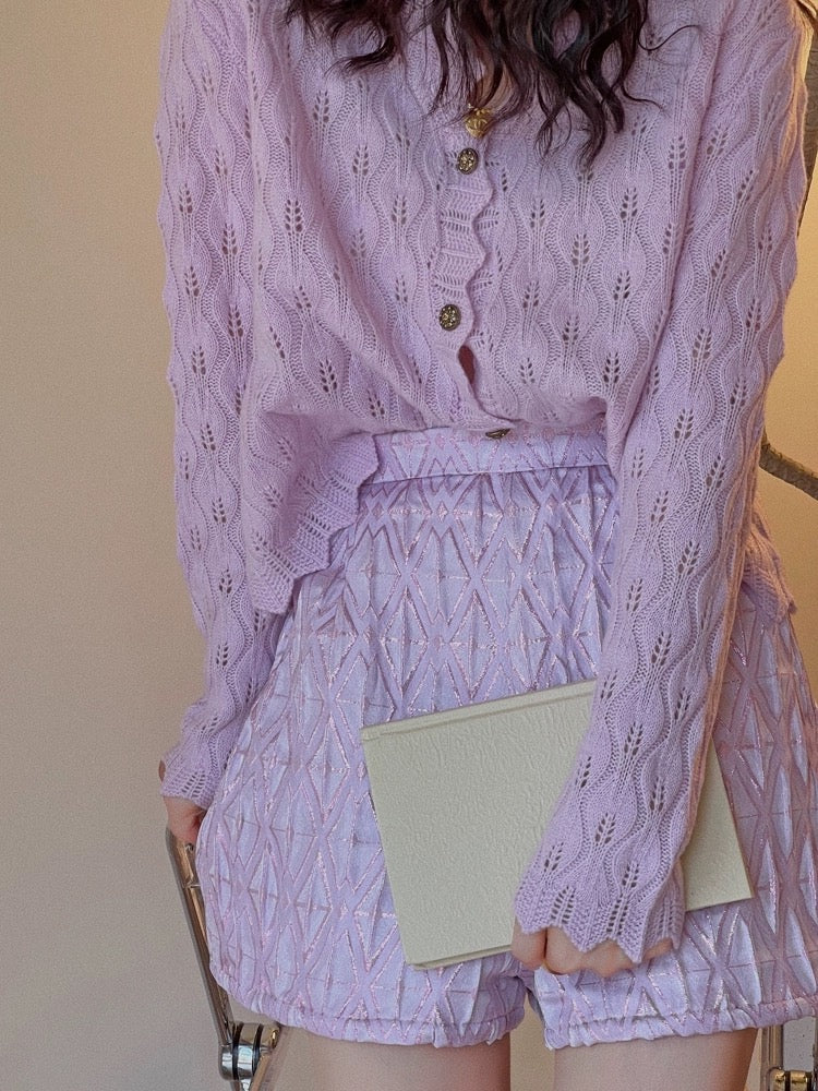 JophondLou new autumn clothing glazed purple diamond pattern high waist wide leg fashionable shorts women's loose casual versatile+Top