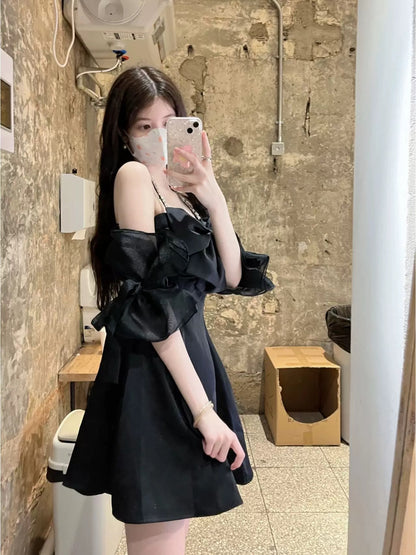 French sweet and spicy pure lust style suspender dress with bow, high-end off-shoulder little black dress for summer
