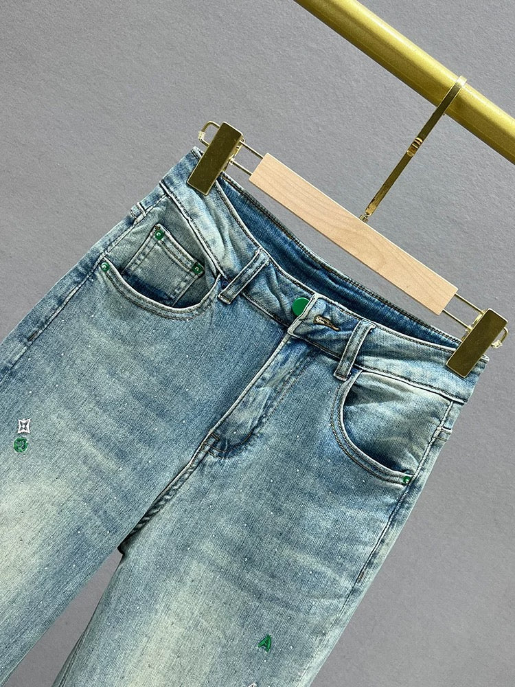 Denim straight trousers for women 2024 new spring and summer high-waisted loose slimming versatile hot diamond narrow version floor-length trousers