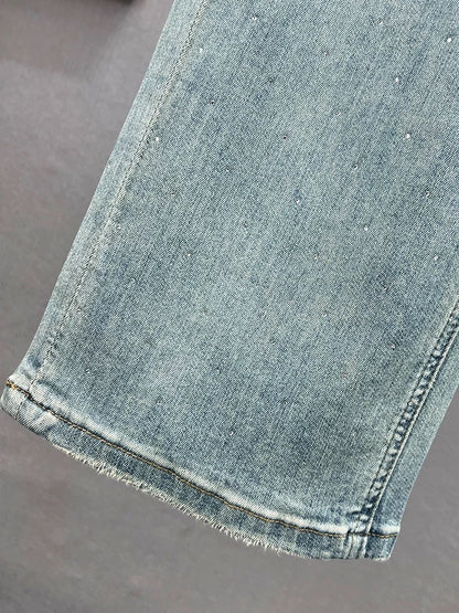 Denim straight trousers for women 2024 new spring and summer high-waisted loose slimming versatile hot diamond narrow version floor-length trousers