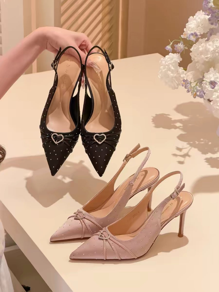 elingstudio's muse has arrived! French-style satin rhinestone pointed-toe strappy high-heeled sandals.