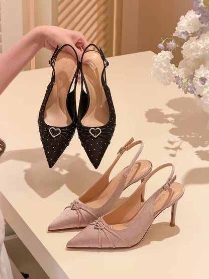 elingstudio's muse has arrived! French-style satin rhinestone pointed-toe strappy high-heeled sandals.