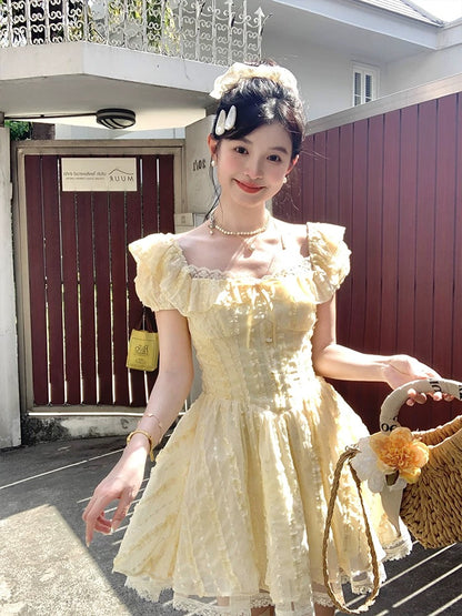 Acaine medium-length yellow square-neck puff sleeve waisted A-line dress for women in spring French sweet dress