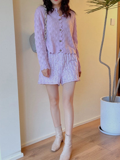 JophondLou new autumn clothing glazed purple diamond pattern high waist wide leg fashionable shorts women's loose casual versatile+Top