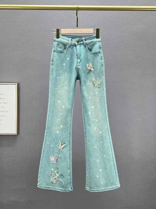 National style embroidered hot diamond denim micro-flared trousers for women 2024 new spring elastic high-waisted slim slim trousers