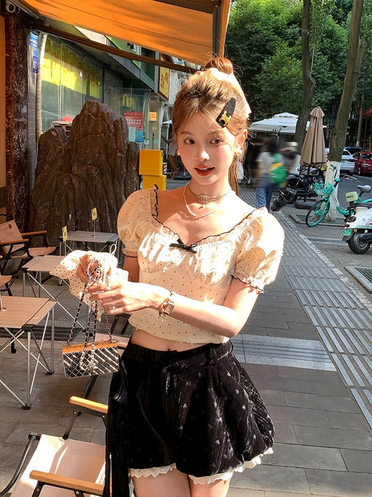 Acaine Nelly Qianjin/short apricot polka dot square collar puff sleeve t-shirt female summer French temperament top
