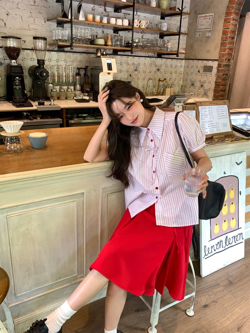 Korean college style suit striped short-sleeved shirt top women's summer high waist red skirt short skirt two-piece suit