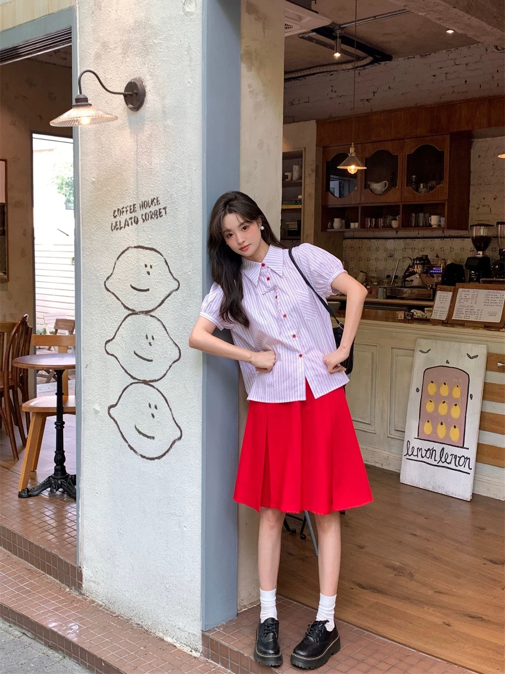Korean college style suit striped short-sleeved shirt top women's summer high waist red skirt short skirt two-piece suit