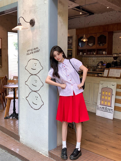 Korean college style suit striped short-sleeved shirt top women's summer high waist red skirt short skirt two-piece suit