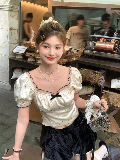 Acaine Nelly Qianjin/short apricot polka dot square collar puff sleeve t-shirt female summer French temperament top