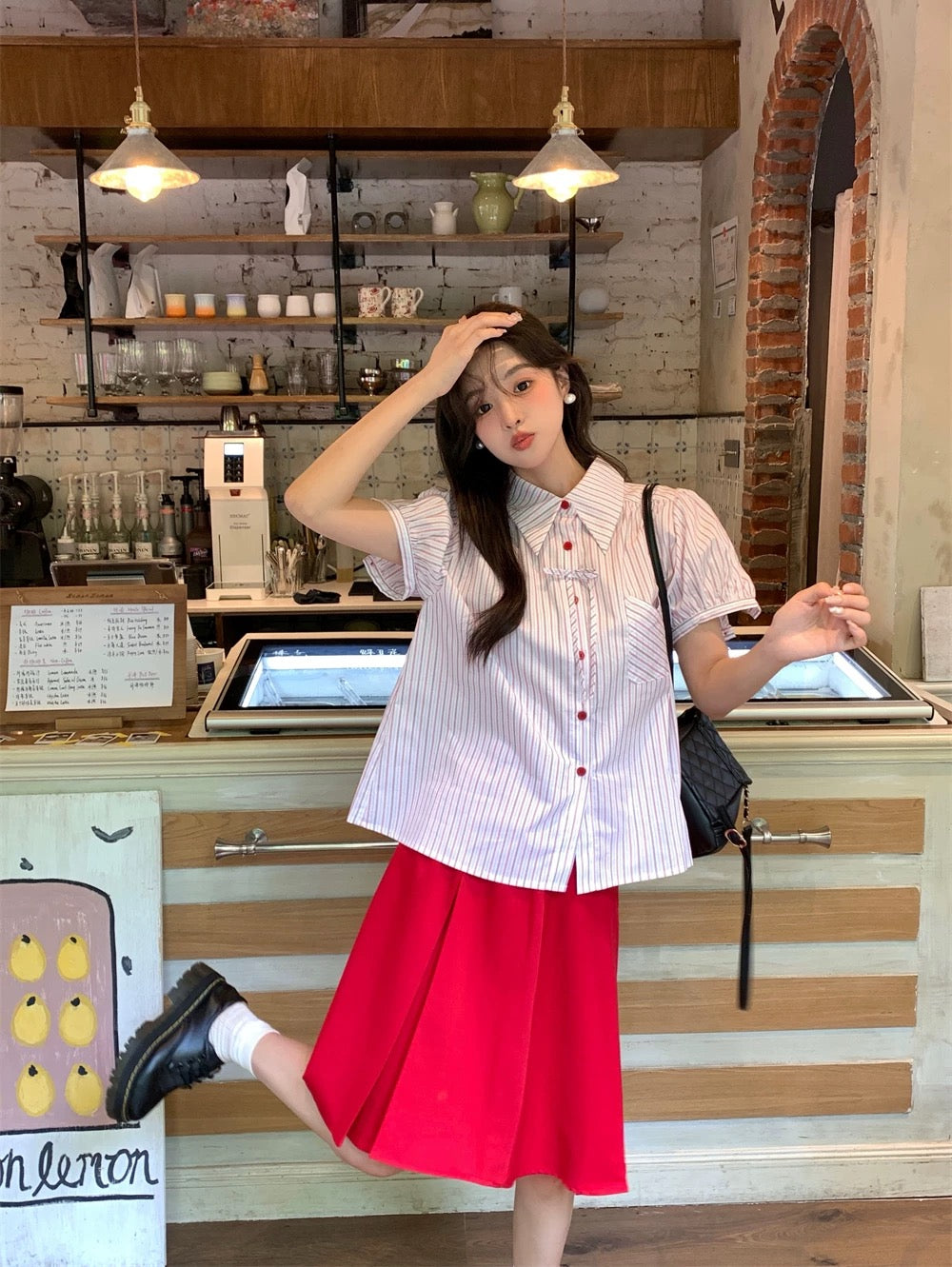 Korean college style suit striped short-sleeved shirt top women's summer high waist red skirt short skirt two-piece suit