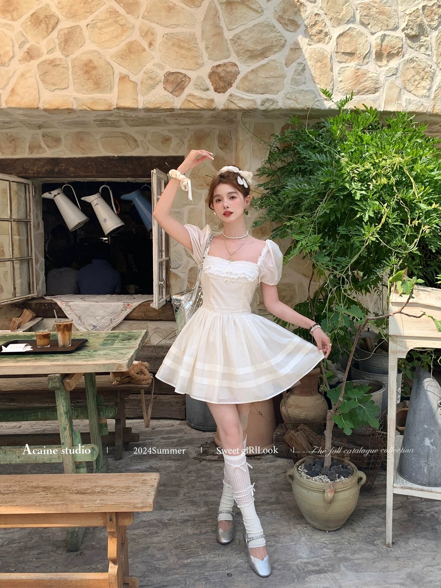 Acaine mousse daffodil/square neck puff sleeve fairy lace girlish Tencel dress female summer skirt