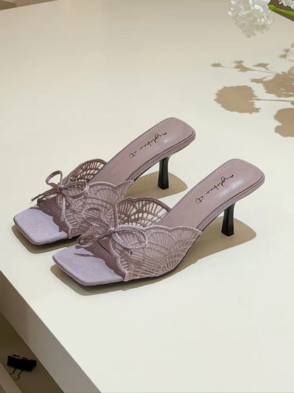 elingstudio Purple Mist Lace! French-style hollowed-out bow square toe open-toe stiletto sandals for women.