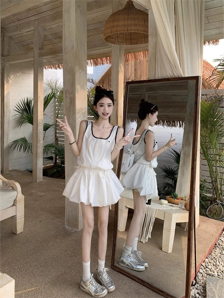 Sweet style unique niche flower bud skirt dress female summer age-reducing white A-line short skirt small vest skirt