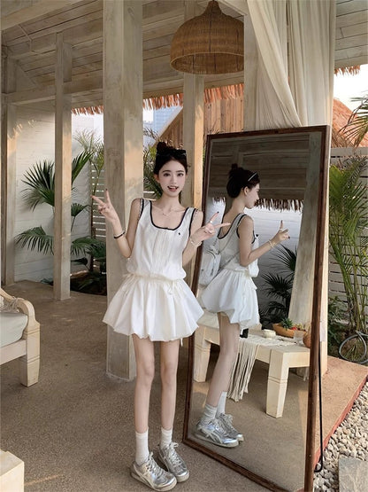 Sweet style unique niche flower bud skirt dress female summer age-reducing white A-line short skirt small vest skirt