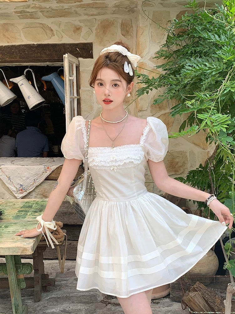 Acaine mousse daffodil/square neck puff sleeve fairy lace girlish Tencel dress female summer skirt