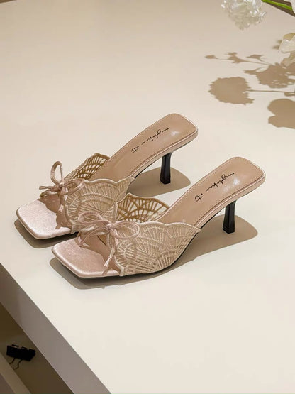 elingstudio Purple Mist Lace! French-style hollowed-out bow square toe open-toe stiletto sandals for women.
