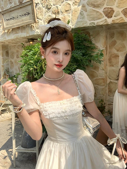 Acaine mousse daffodil/square neck puff sleeve fairy lace girlish Tencel dress female summer skirt