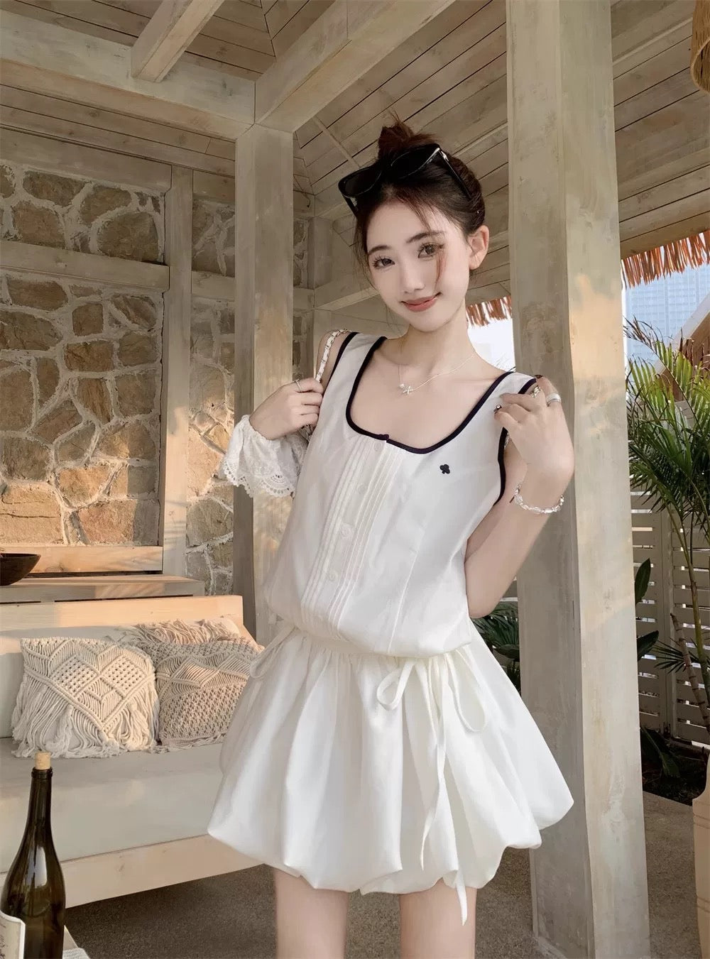 Sweet style unique niche flower bud skirt dress female summer age-reducing white A-line short skirt small vest skirt