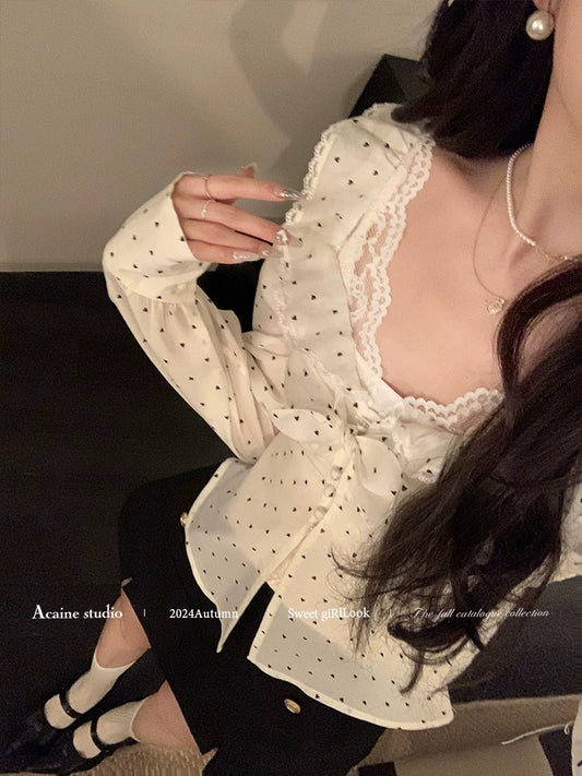 Acaine white short polka dot square collar shirt for women autumn base layered French temperament fashion shirt top