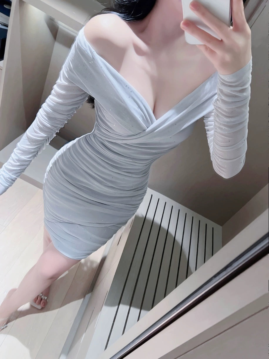 Early spring long-sleeved mesh light gray stretch shoulder slim dress
