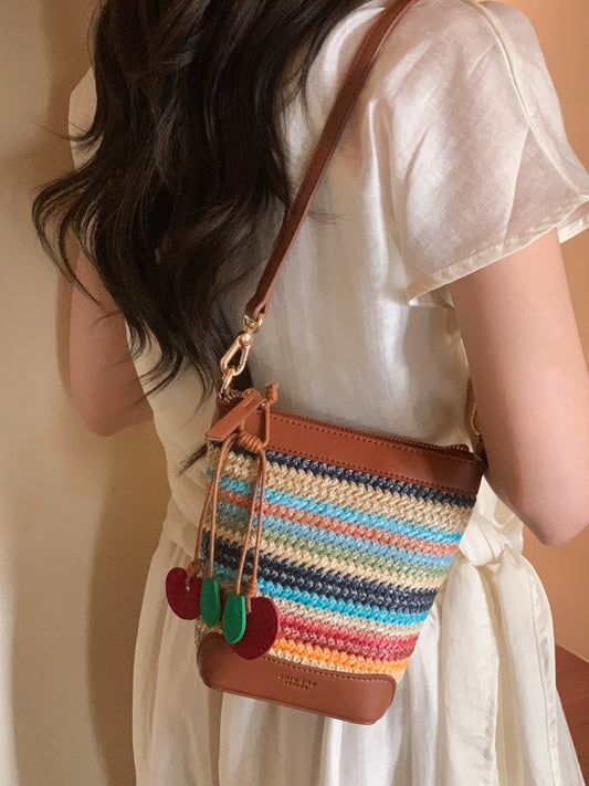 Chio2nd Colorful Wilderness Bucket Bag for Women, Autumn/Winter, Shoulder/Crossbody Small Bag, Rainbow Woven Phone Bag