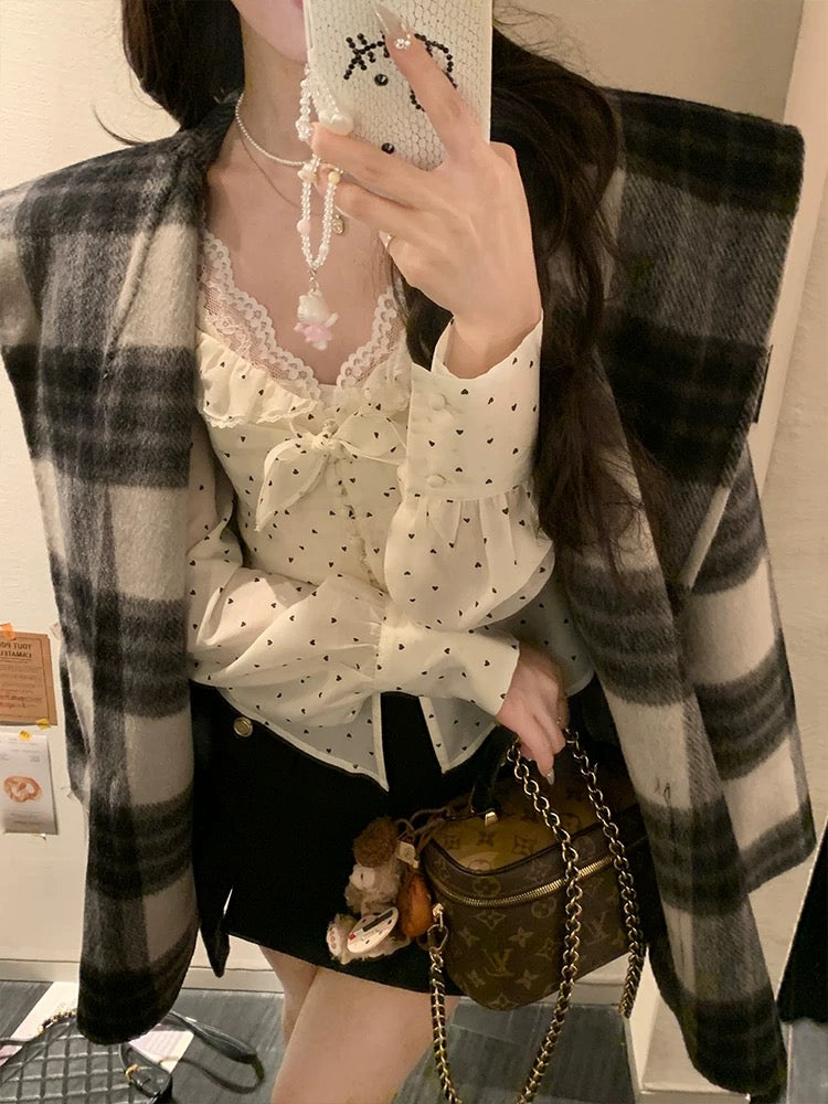 Acaine white short polka dot square collar shirt for women autumn base layered French temperament fashion shirt top