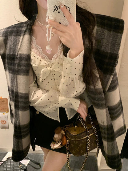 Acaine white short polka dot square collar shirt for women autumn base layered French temperament fashion shirt top