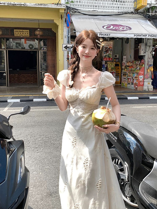 Acaine Chiang Mai Flower Season/Apricot Long Small Flying Sleeve Waist A-line Dress Women's Spring French Temperament Dress