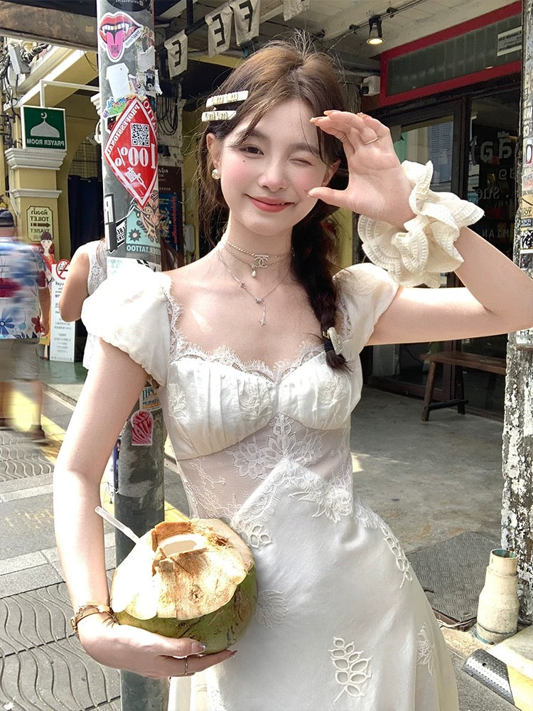 Acaine Chiang Mai Flower Season/Apricot Long Small Flying Sleeve Waist A-line Dress Women's Spring French Temperament Dress