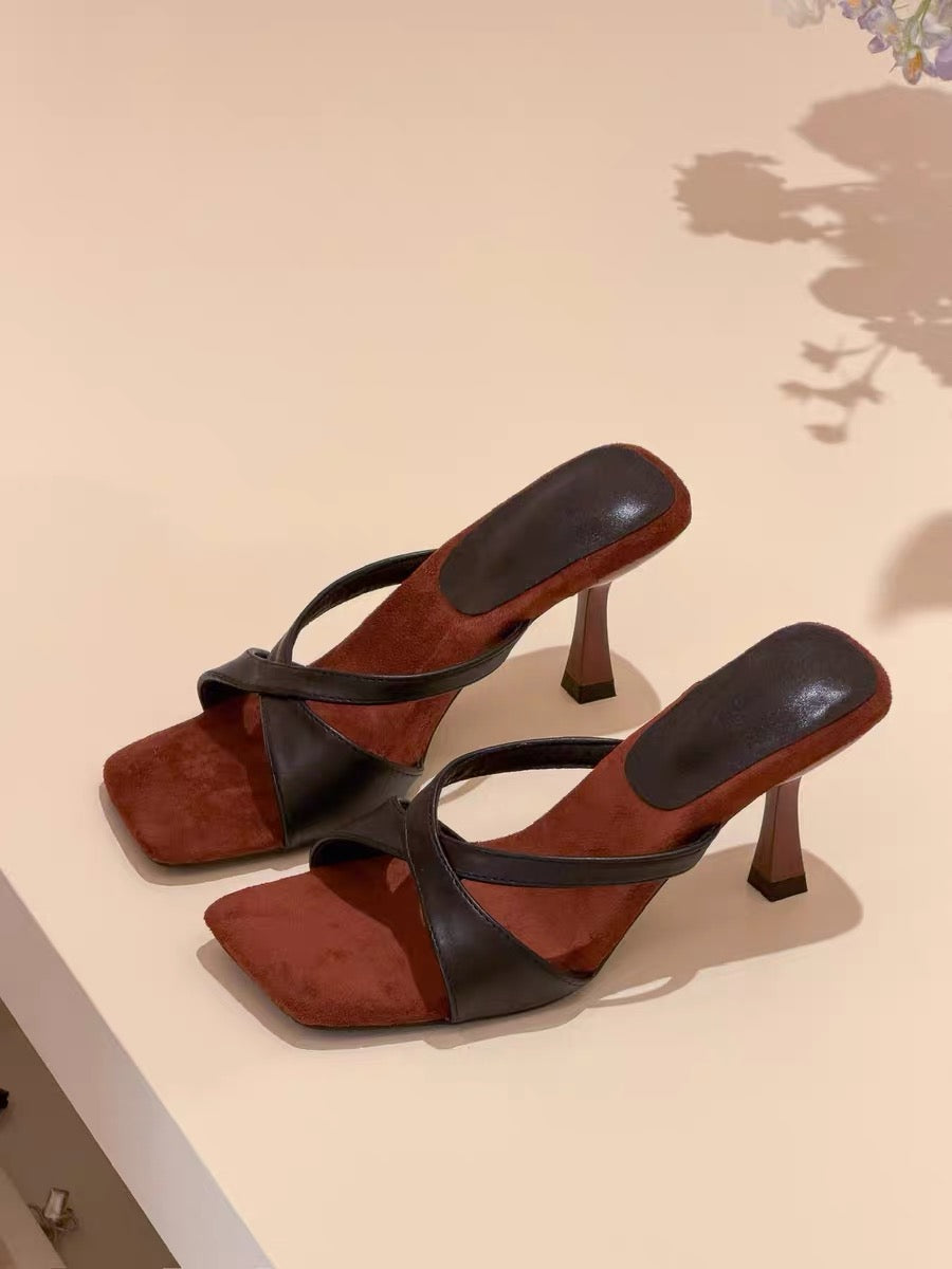 elingstudio exudes sophistication! Simple cross-strap high heels, elegant open-toe, versatile women's slippers.