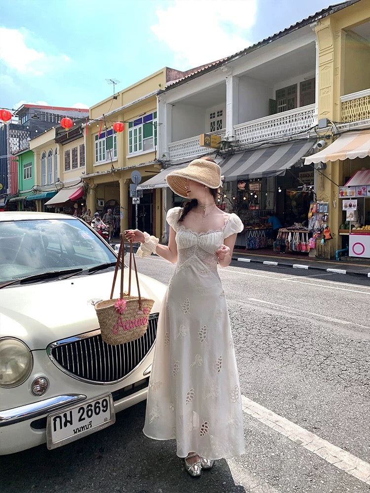 Acaine Chiang Mai Flower Season/Apricot Long Small Flying Sleeve Waist A-line Dress Women's Spring French Temperament Dress