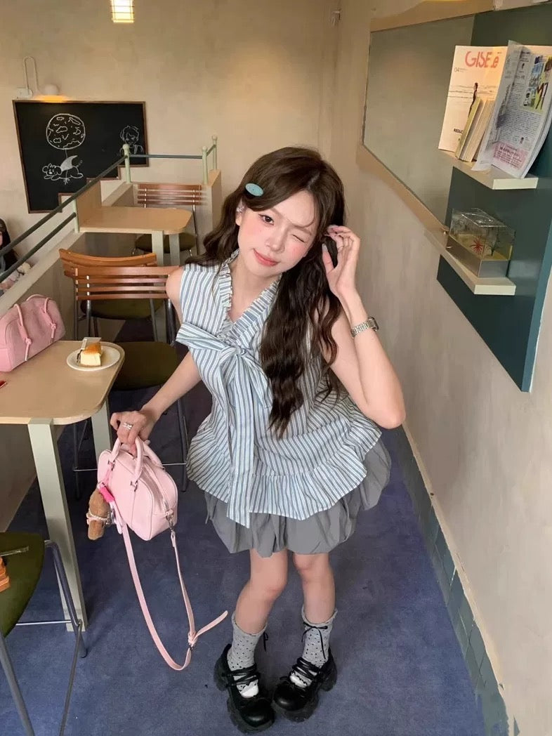 Kumikumi sweet style suit French striped sleeveless shirt women's summer bud short skirt skirt two-piece suit