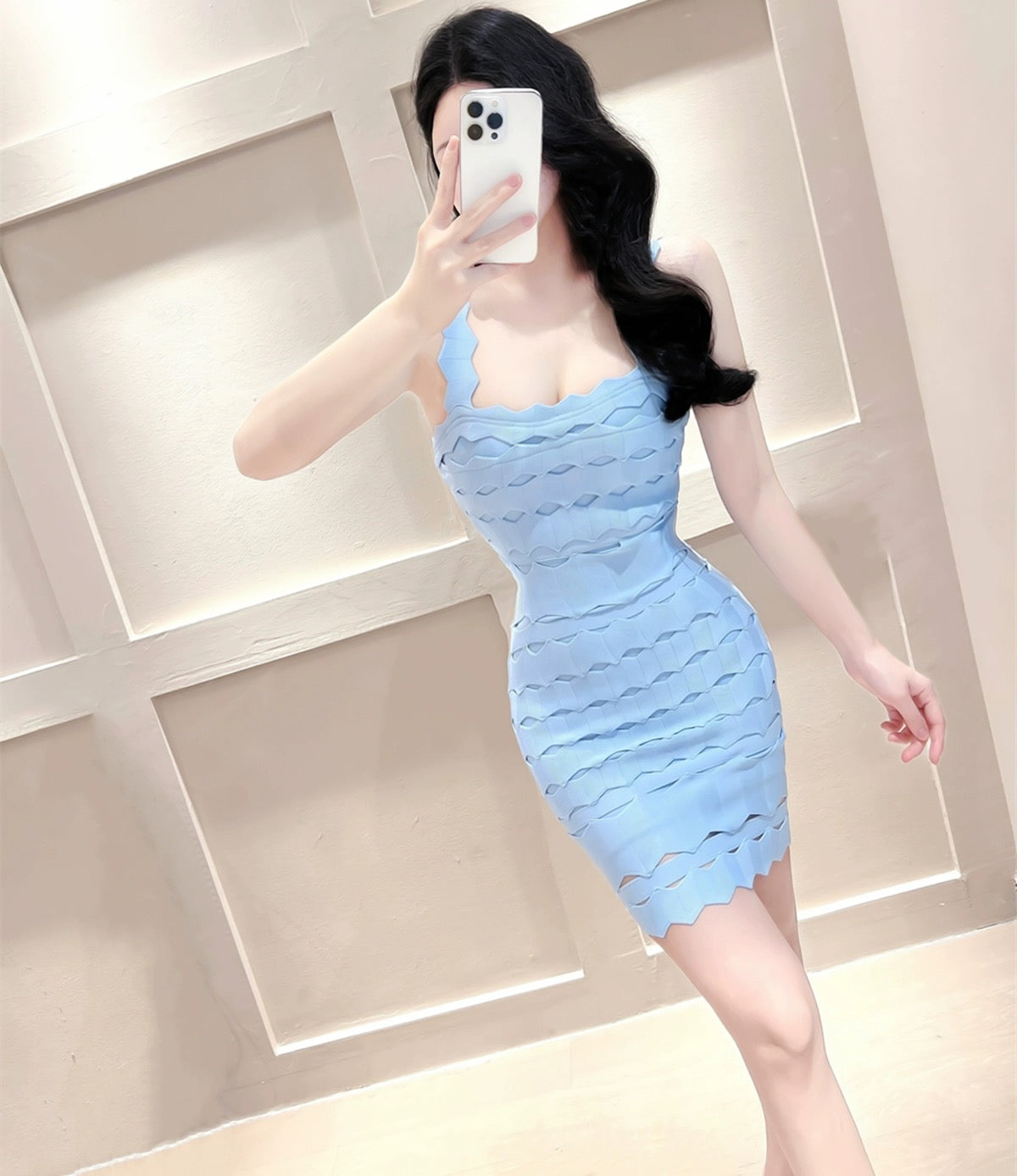 Sling blue splicing heavy industry slim dress
