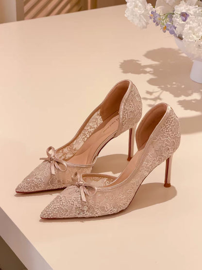 elingstudio's misty lace! French-style mesh embroidery side cutout elegant pointed-toe high heels.