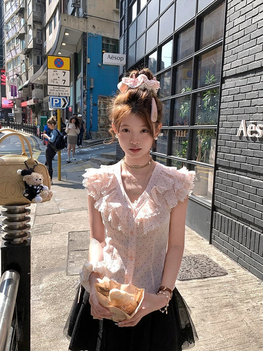 Acaine Peach Milk/Pink V-neck Small Flying Sleeve Polka Dot Shirt Women's Summer French Retro Short Top