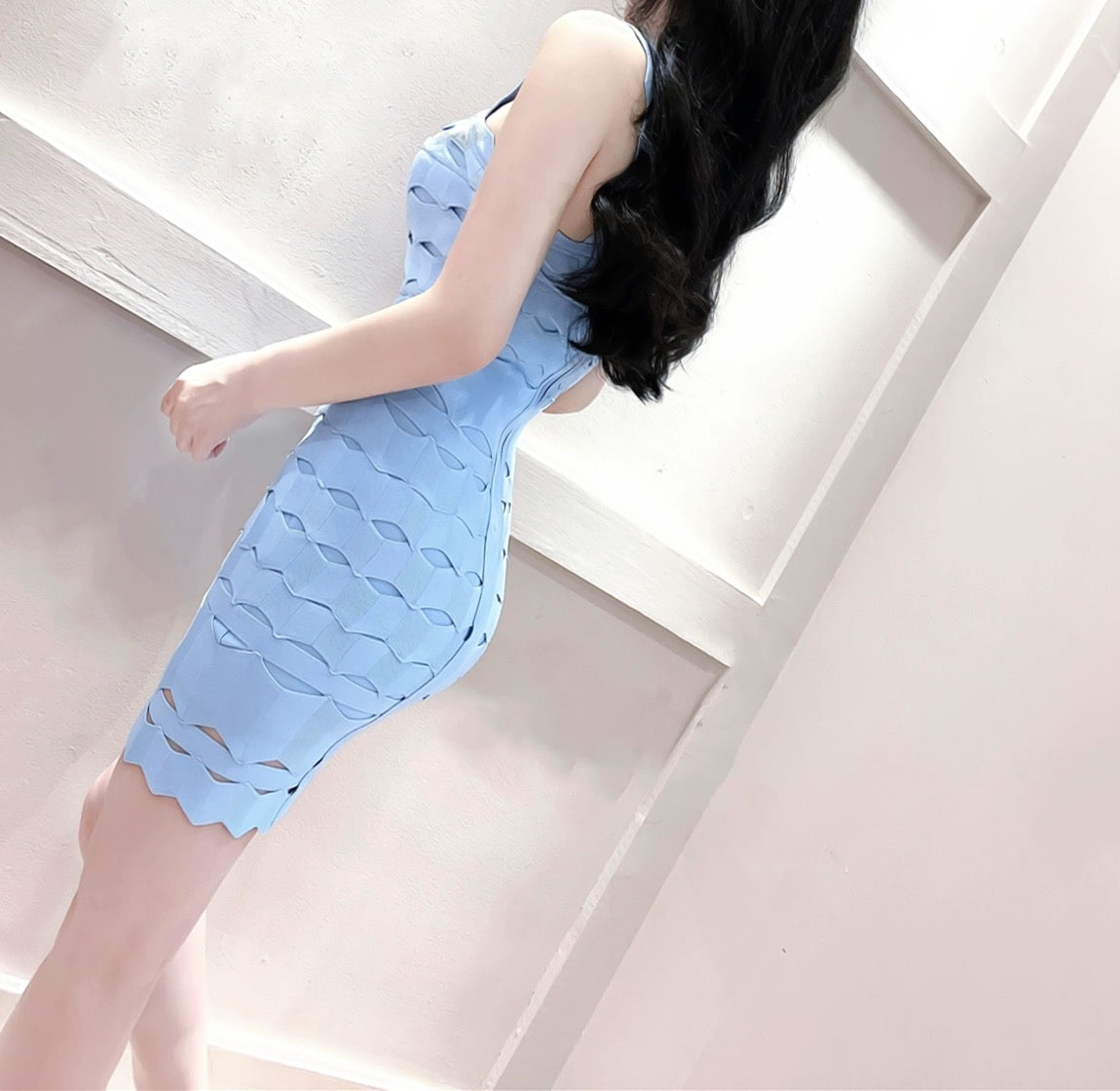 Sling blue splicing heavy industry slim dress