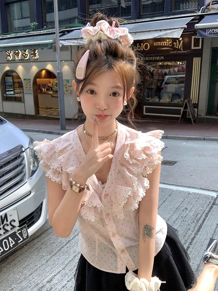 Acaine Peach Milk/Pink V-neck Small Flying Sleeve Polka Dot Shirt Women's Summer French Retro Short Top