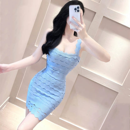 Sling blue splicing heavy industry slim dress